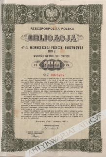 [obligacja, 1937] Rzeczpospolita Polska. Obligacja 4,5 % wewnętrznej pożyczki państwowej 1937 r. wartości imiennej 100 zł.