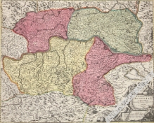 [mapa, Dolna Austria, ok. 1710] Archiducatus Austriae Inferioris In omnes suas Quadrantes Ditiones divisi Nova et exacta Tabula é conatibus Io. Baptista Homann Norimbergæ. 