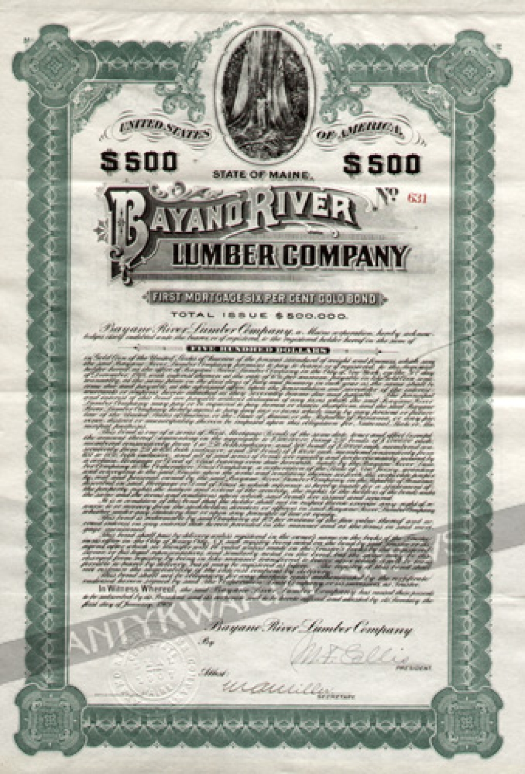 [obligacja, 1918] Bayano River Lumber CompanyFirst Mortgage Six Per Cent Gold Bond [500 $]