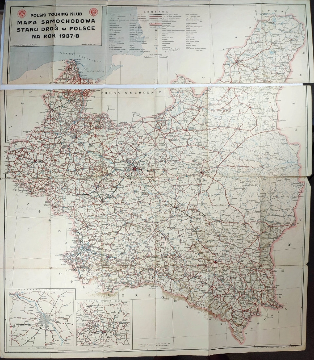 Mapa samochodowa i stanu dróg w Polsce na rok 1937/8. Z marszrutami