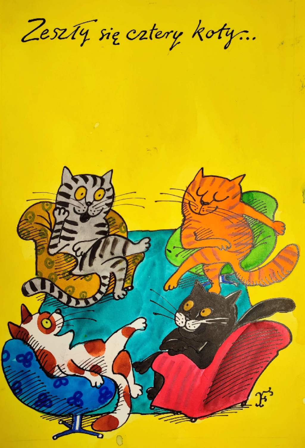 [rysunek, 1977] Zeszły się cztery koty...