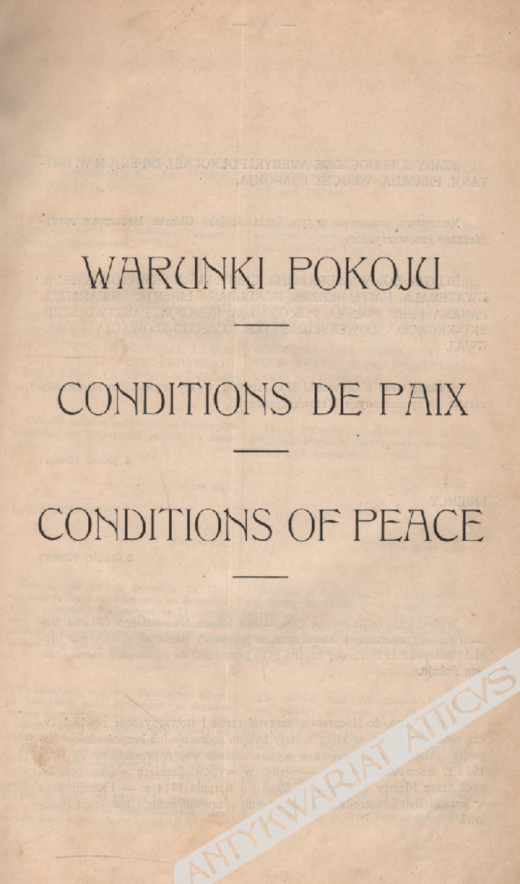 Warunki pokoju. Conditions de paix. Conditions of peace