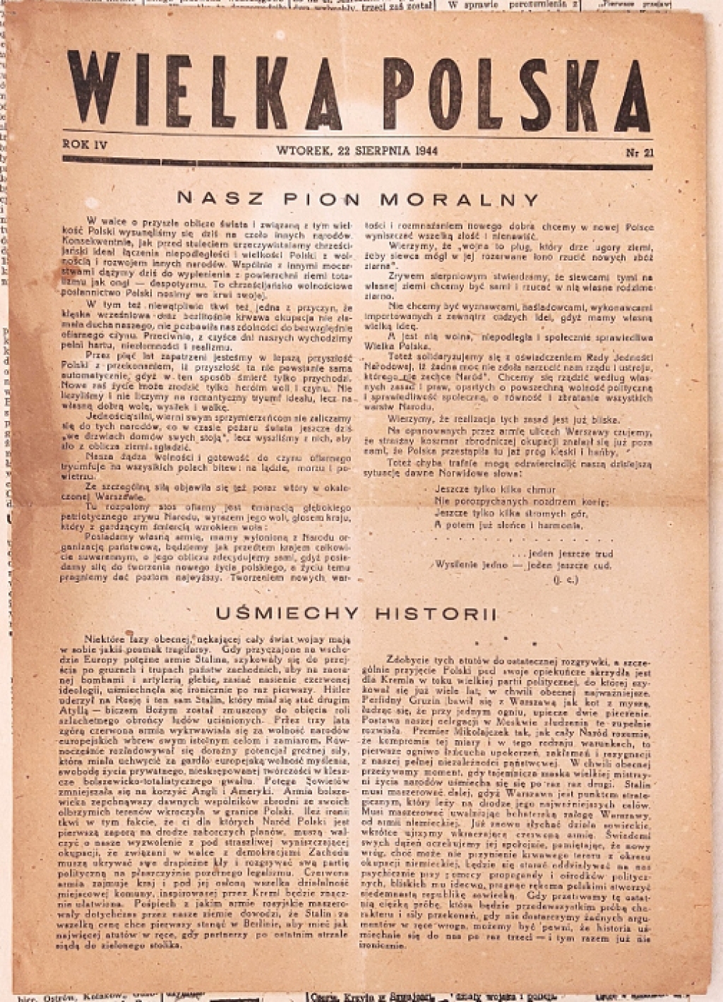 [prasa konspiracyjna z okresu Powstania Warszawskiego] Wielka Polska, 22 sierpnia 1944 (rok IV, nr 21)